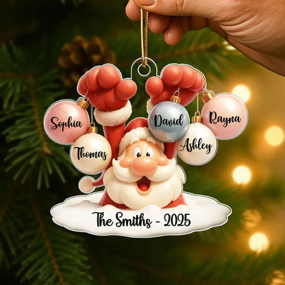Santa Family Acrylic Ornament, festive bauble design with Santa holding ornaments, perfect gift for families, cozy tree decoration
