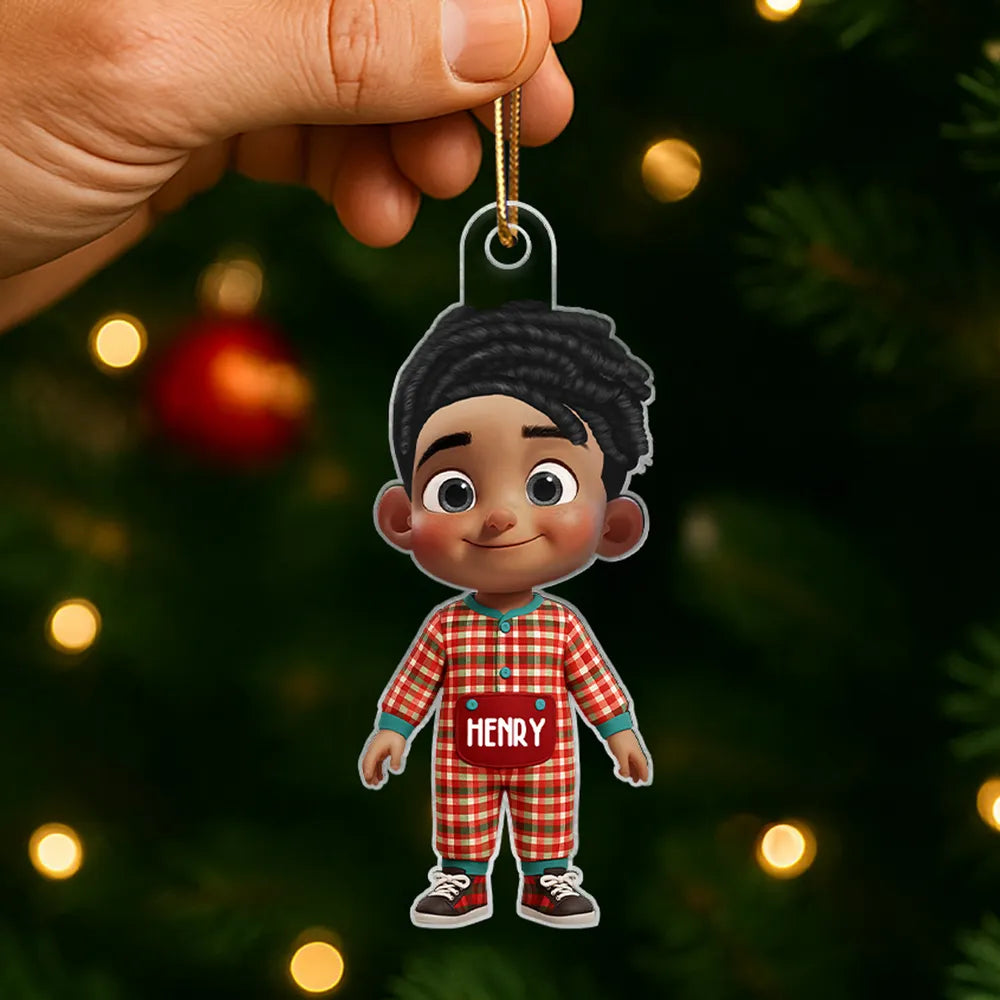 Kids in Pajamas Acrylic Ornament – Personalized Christmas Decoration, Clear and Textured Collectible Gift for Families