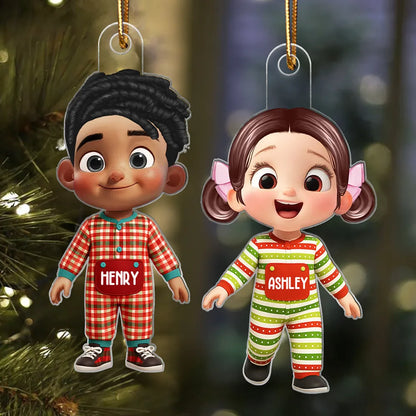 Kids in Pajamas Acrylic Ornament – Personalized Christmas Decoration, Clear and Textured Collectible Gift for Families
