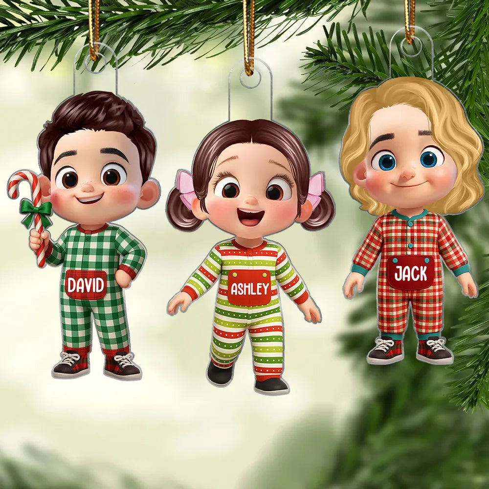 Kids in Pajamas Acrylic Ornament – Personalized Christmas Decoration, Clear and Textured Collectible Gift for Families
