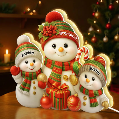 Personalized Acrylic Light Box with Grandma Snowman & Grandkids, Soft Warm Glow Christmas Décor, Unique Gift for Grandma