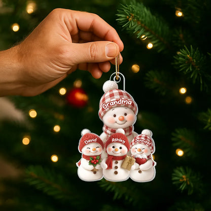 Christmas Acrylic Ornament for Grandma – Cozy Snowman Family, gift-ready keepsake for holiday tree décor, customizable and heartwarming