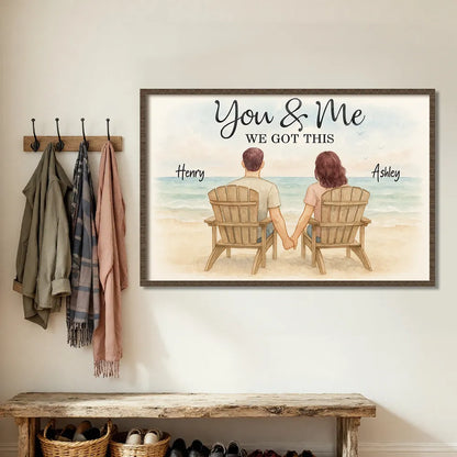 Romantic Seaside Poster, hand-in-hand couple illustration with gentle ocean background, warm modern wall art, heartfelt gift for partners or newlyweds