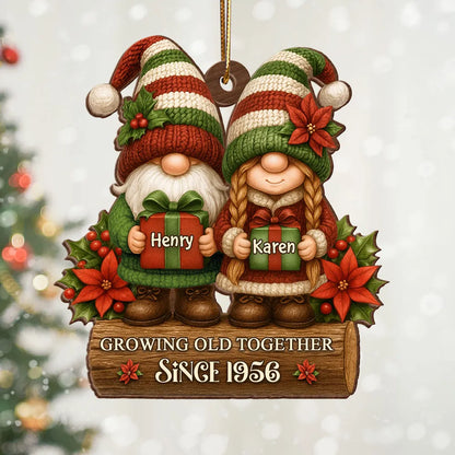 Wooden Ornament with Christmas Gnome Couple Holding Gifts, Clear Print, Perfect Holiday Gift for Couples