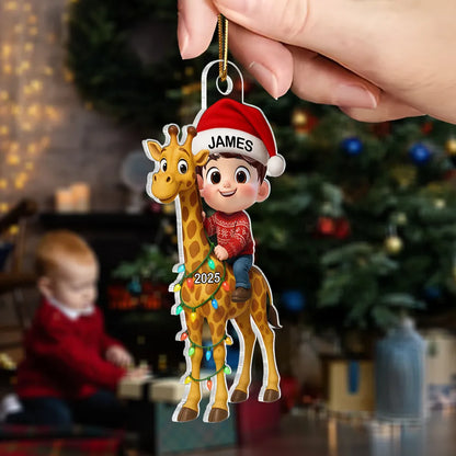 Cute Acrylic Ornament of Boy with Giraffe, Holiday Cheer, Gift-Ready Keepsake for Family and Friends