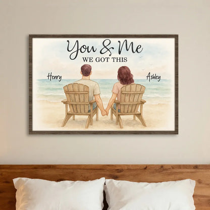 Romantic Seaside Poster, hand-in-hand couple illustration with gentle ocean background, warm modern wall art, heartfelt gift for partners or newlyweds