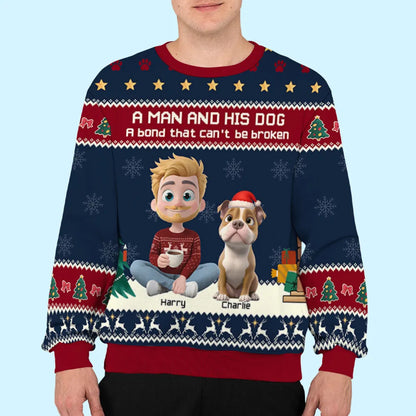 A Man and His Dog Sweatshirt, Custom All-Over Print, Cozy Christmas Cartoon, unique gift for dog dads & pet lovers