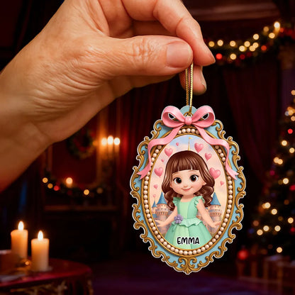 Acrylic Ornament with Princess Portrait and Pink Bow Frame, clear print and elegant detail, perfect gift for Kids or Christmas Décor