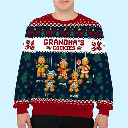 Personalized Grandma Cookies Printed Sweatshirt with Gingerbread Kids, Festive Christmas Gift for Grandma