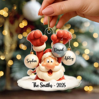 Santa Family Acrylic Ornament, festive bauble design with Santa holding ornaments, perfect gift for families, cozy tree decoration