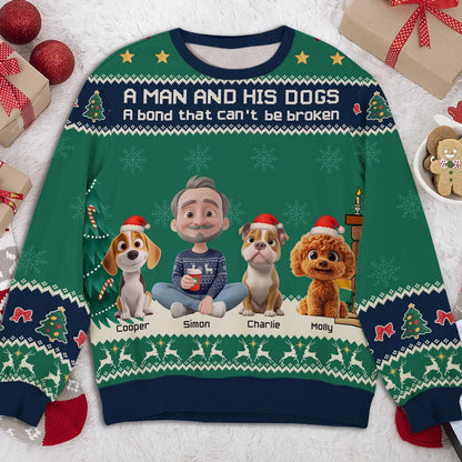 A Man and His Dog Sweatshirt, Custom All-Over Print, Cozy Christmas Cartoon, unique gift for dog dads & pet lovers
