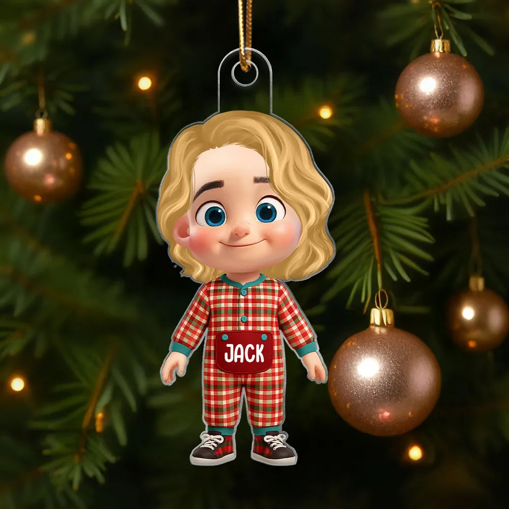 Kids in Pajamas Acrylic Ornament – Personalized Christmas Decoration, Clear and Textured Collectible Gift for Families
