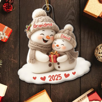 Personalized Acrylic Ornament for Grandma & Grandkid Snowman Hug Christmas Tree Decor Unique Family Gift