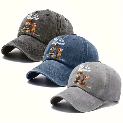 The Dogfather Baseball Cap – washed denim with fun dog dad graphic, casual adjustable fit, perfect gift for dog lovers