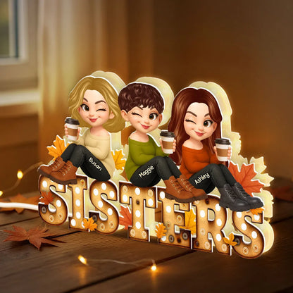 Personalized Sisters Acrylic Light Box with Cute Cartoon Design, Warm Glow Bedroom Lamp, Unique Gift for Best Friend Sisters