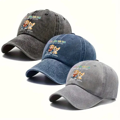 Denim Baseball Cap, Vintage Washed, Custom Pet Graphic, Casual Sun Shield, Unique Gift for Dog & Cat Moms
