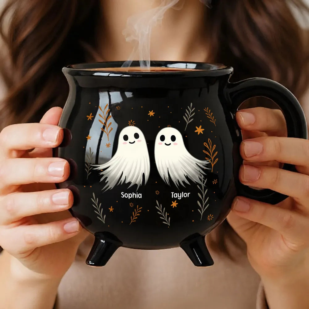 Personalized Ceramic Cauldron Coffee Mug with Ghost Illustration, Holiday Party Gift