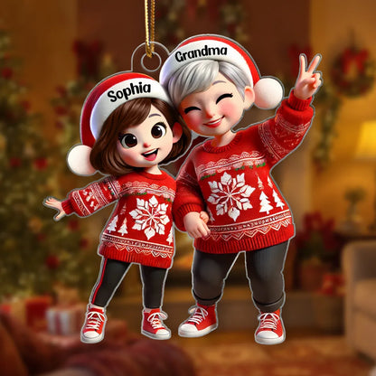 Acrylic Ornament with Grandma & Grandchild Christmas Theme, Festive Red Sweater Design, Perfect Family Gift Keepsake