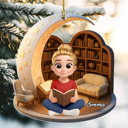 Book Lover Acrylic Ornament – Cozy Moonlight Reading Scene, High-Clarity Collectible Gift for Readers