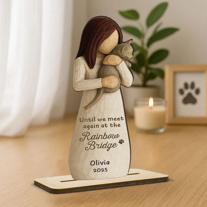 Personalized Until We Meet Again 2-Layer Wooden Plaque, Woman Holding Cat Memorial, Creative Sympathy Gift