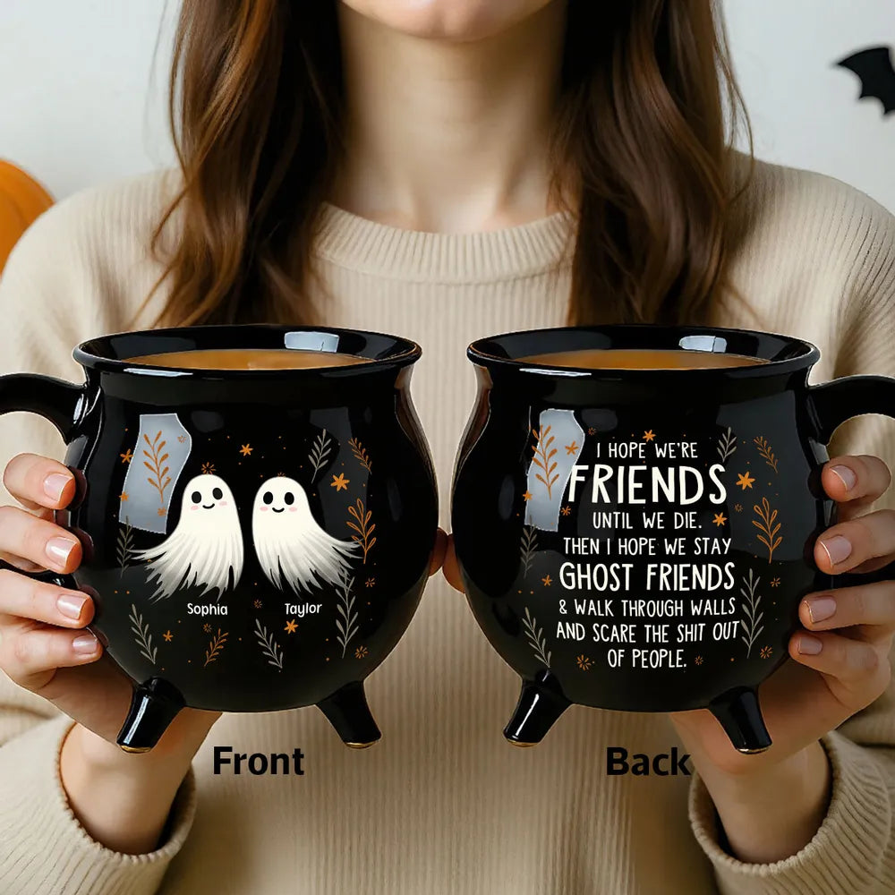 Personalized Ceramic Cauldron Coffee Mug with Ghost Illustration, Holiday Party Gift