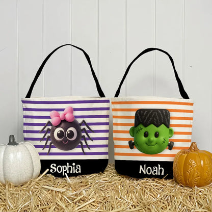 Personalized Polyester Basket Tote with Cute Spider or Green Monster, Unique Halloween Gift for Kids