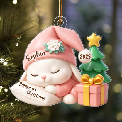 Acrylic Ornament for Baby’s First Christmas – sleeping bunny with tree and gift, pastel blue, gift-ready keepsake for new parents