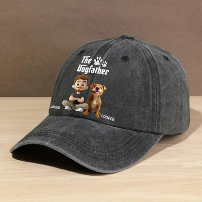 The Dogfather Baseball Cap – washed denim with fun dog dad graphic, casual adjustable fit, perfect gift for dog lovers