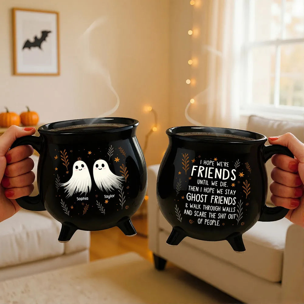 Personalized Ceramic Cauldron Coffee Mug with Ghost Illustration, Holiday Party Gift