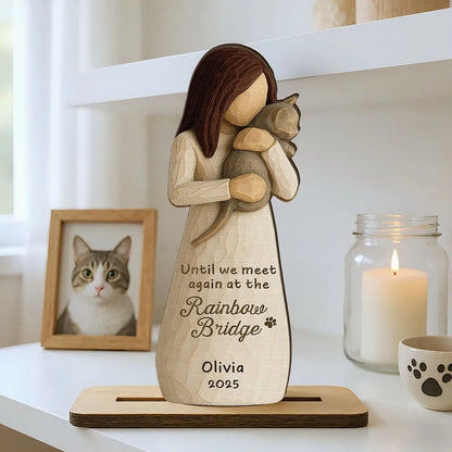Personalized Until We Meet Again 2-Layer Wooden Plaque, Woman Holding Cat Memorial, Creative Sympathy Gift