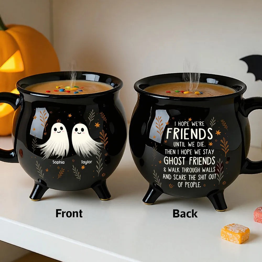 Personalized Ceramic Cauldron Coffee Mug with Ghost Illustration, Holiday Party Gift