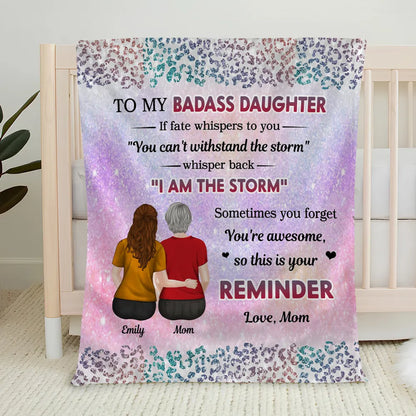 Custom Blanket Mom And Daughter Sitting Together Back View, 'I Am The Storm' Quote, Cozy Throw Gift For Daughter