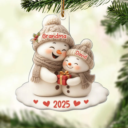Personalized Acrylic Ornament for Grandma & Grandkid Snowman Hug Christmas Tree Decor Unique Family Gift
