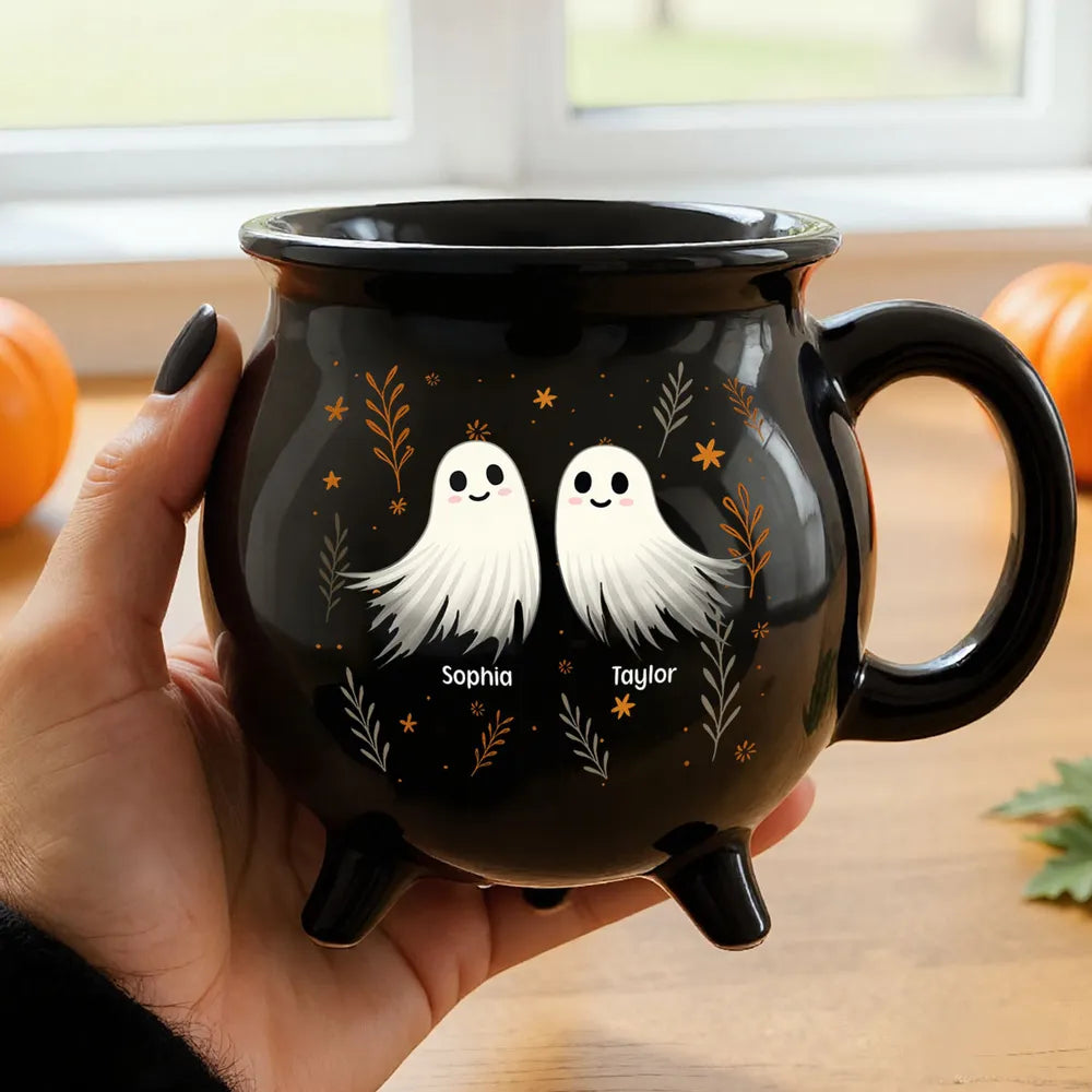 Personalized Ceramic Cauldron Coffee Mug with Ghost Illustration, Holiday Party Gift