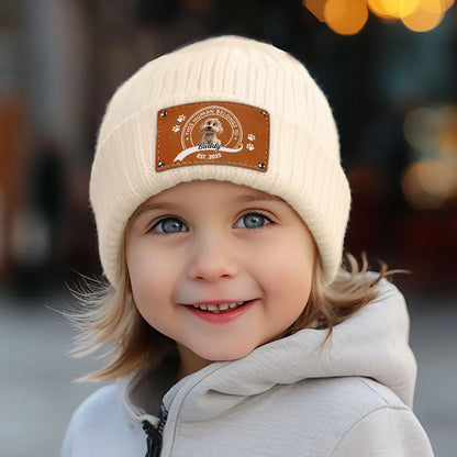 Leather Patch Beanie Hat with Dog Design, Cozy Warmth and Perfect Gift for Pet-Loving Families