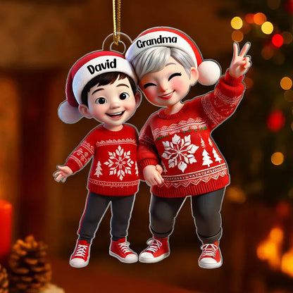 Acrylic Ornament with Grandma & Grandchild Christmas Theme, Festive Red Sweater Design, Perfect Family Gift Keepsake