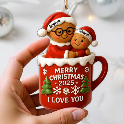 Acrylic Ornament with Grandma and Child in Red Christmas Mug, Festive Holiday Décor and Perfect Gift for Family