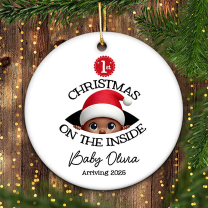 Personalized Christmas Ceramic Ornament for Expecting Parents, Baby Peeking Design, Unique Holiday Keepsake Gift