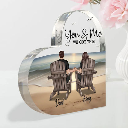Heart Acrylic Block Plaque with You & Me Couple Back View on Beach, High Clarity, Romantic Keepsake Gift