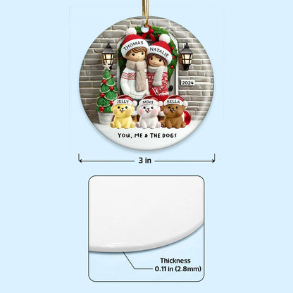 Ceramic Ornament Couple with Dogs at Festive Doorway, cozy tree-ready décor,perfect Christmas gift for pet-loving families