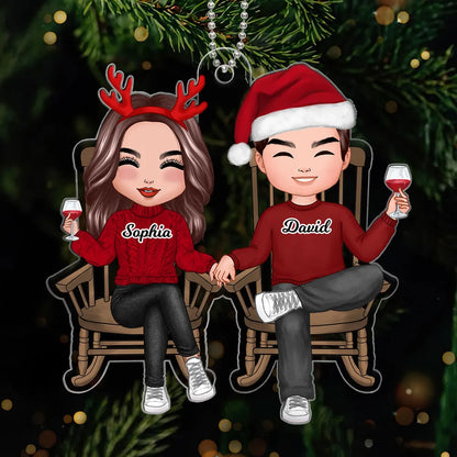 Personalized Couple Acrylic Car Hanger, Cute Sitting Together Christmas Mirror Decor, Unique Gift for Him or Her
