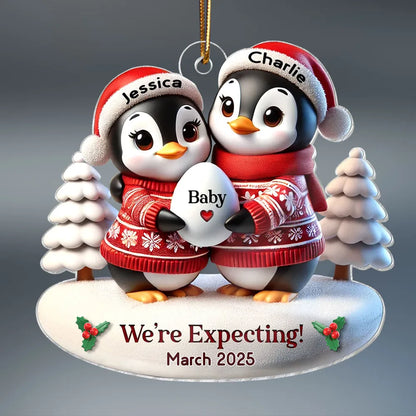 Custom Penguin Couple Acrylic Ornament for Parents-to-Be, Heartwarming Holiday Keepsake and Creative Baby Reveal Gift