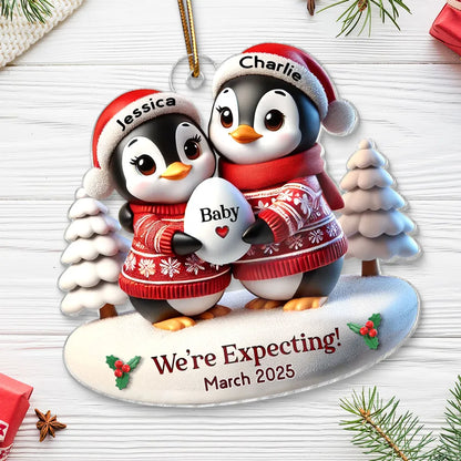 Custom Penguin Couple Acrylic Ornament for Parents-to-Be, Heartwarming Holiday Keepsake and Creative Baby Reveal Gift