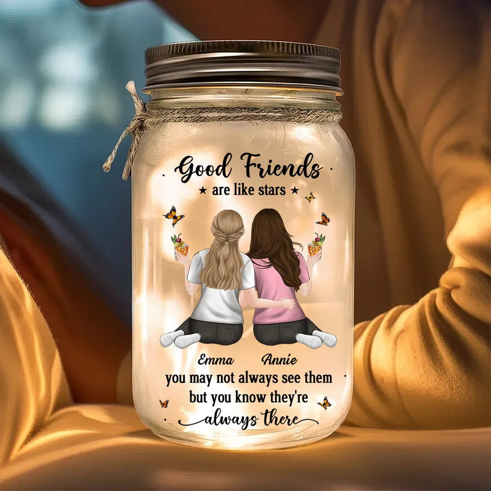 Good Friends Are Like Stars Personalized Glass Mason Jar Light, Golden Arm in Arm Illustration, Creative Gift for Best Friend