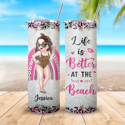 Personalized Straight-Sided Cup, Beach Girl Illustration, Life Is Better at the Beach, Unique Gift for Women