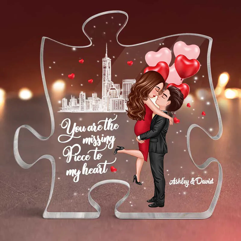 Personalized Puzzle Acrylic Block Plaque Hugging Couple With Hearts Romantic City Scene Unique Gift For Him Or Her