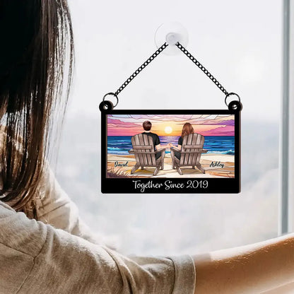 Wood and Acrylic Layered Ornament with Couple Holding Hands on Beach Chairs, Sunset Scene, Perfect Gift for Love and Home Décor