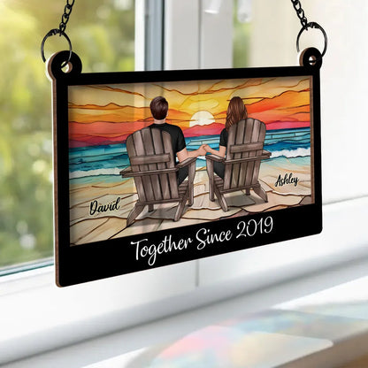 Wood and Acrylic Layered Ornament with Couple Holding Hands on Beach Chairs, Sunset Scene, Perfect Gift for Love and Home Décor
