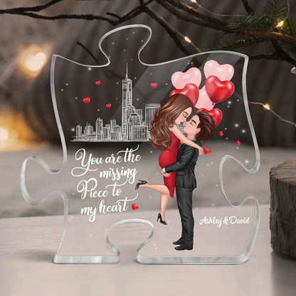 Personalized Puzzle Acrylic Block Plaque Hugging Couple With Hearts Romantic City Scene Unique Gift For Him Or Her