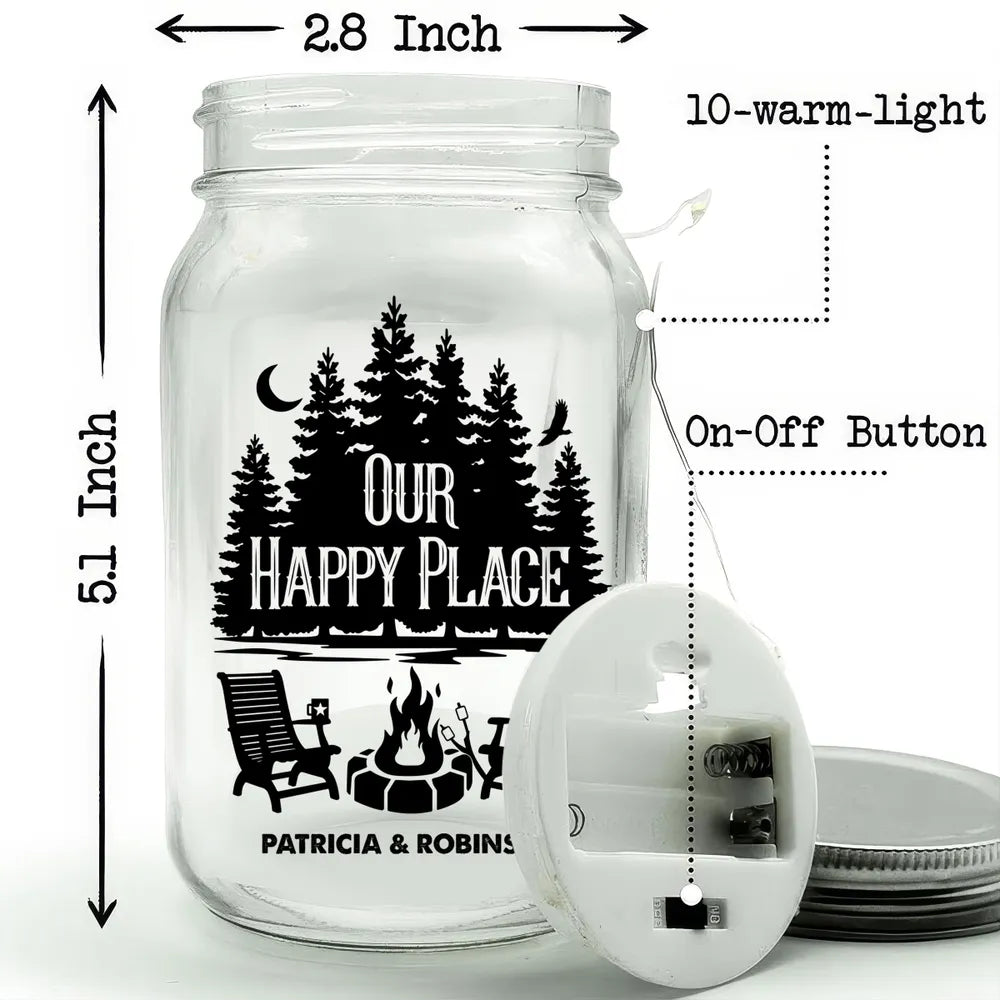 Our Happy Place Glass Mason Jar Light, Personalized Campfire Keepsake, Creative Gift for Couples